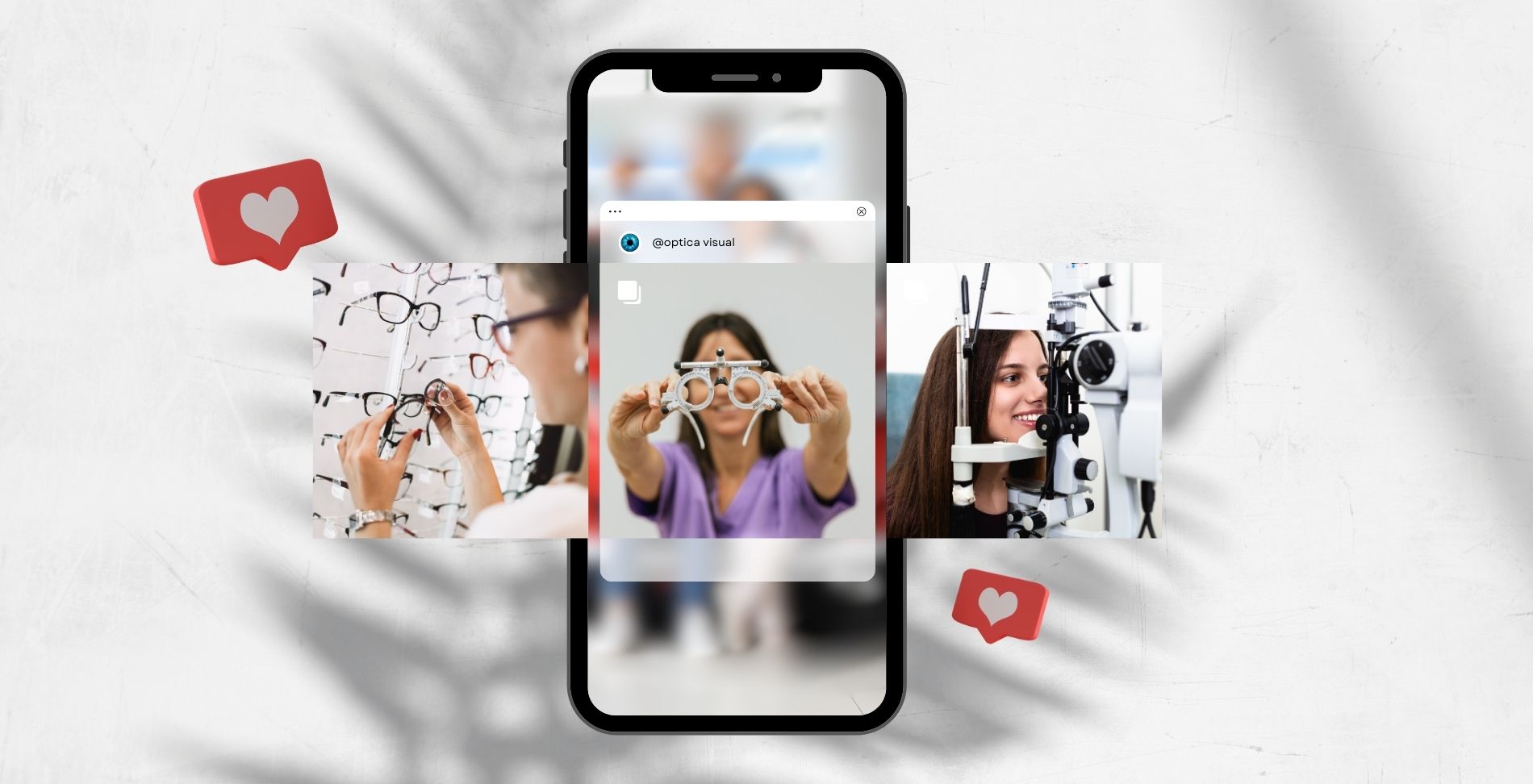 imagen de teléfono con perfil social de Instagram de óptica visual